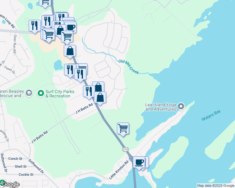 map of restaurants, bars, coffee shops, grocery stores, and more near 14136 North Carolina 50 in Surf City