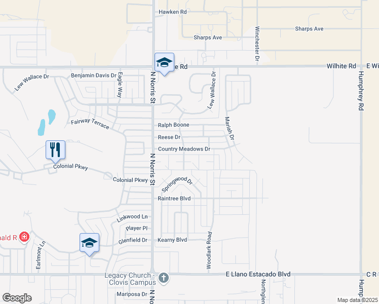 map of restaurants, bars, coffee shops, grocery stores, and more near 2205 Country Meadows Drive in Clovis