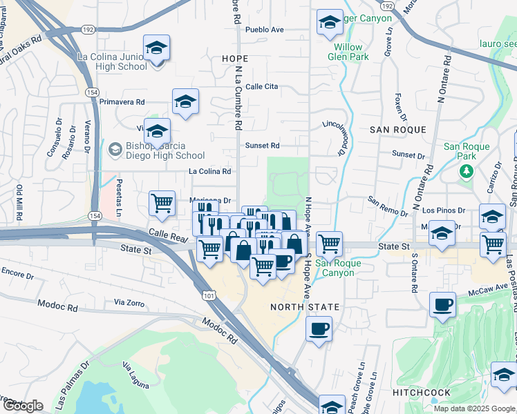map of restaurants, bars, coffee shops, grocery stores, and more near 3880 Via Lucero in Santa Barbara