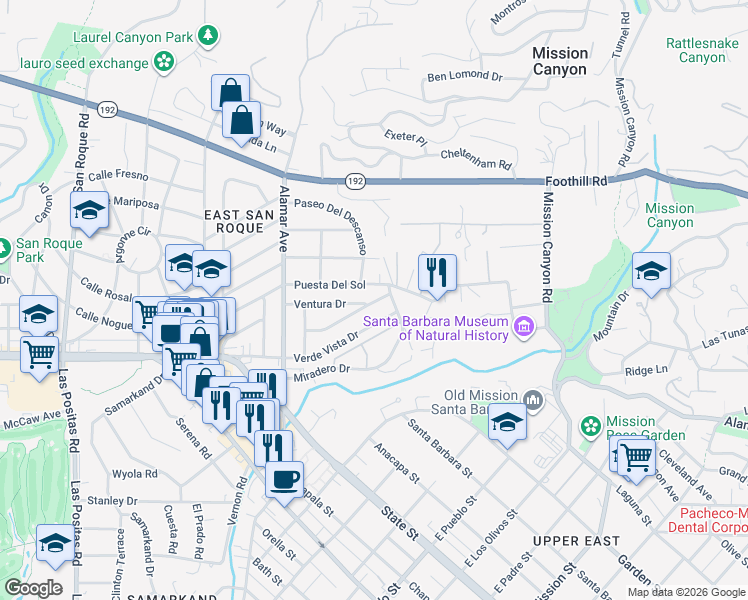 map of restaurants, bars, coffee shops, grocery stores, and more near 2818 Valencia Drive in Santa Barbara