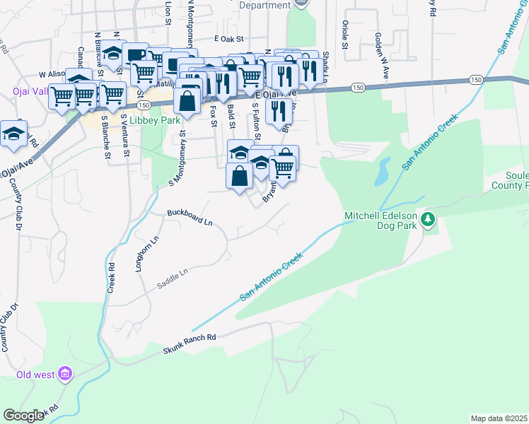 map of restaurants, bars, coffee shops, grocery stores, and more near 410 Bryant Circle in Ojai