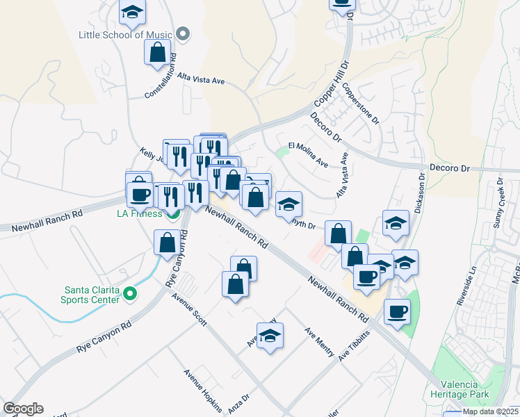 map of restaurants, bars, coffee shops, grocery stores, and more near 28053 Smyth Drive in Santa Clarita