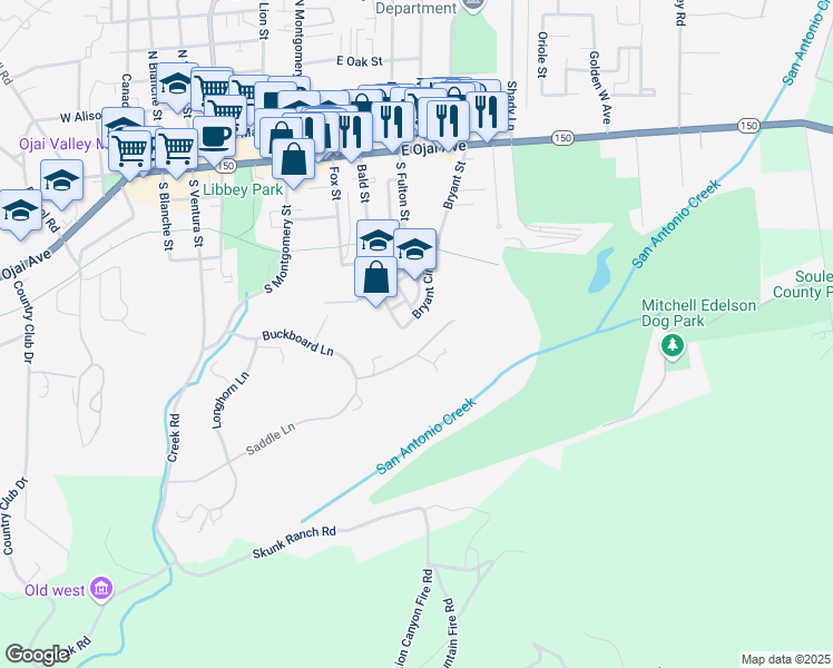 map of restaurants, bars, coffee shops, grocery stores, and more near 408 Bryant Circle in Ojai