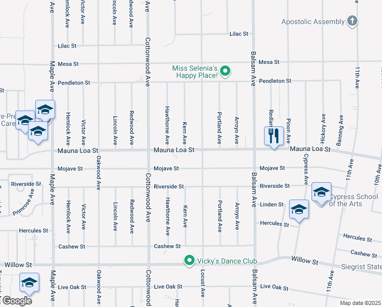 map of restaurants, bars, coffee shops, grocery stores, and more near 15063 Mauna Loa Street in Hesperia