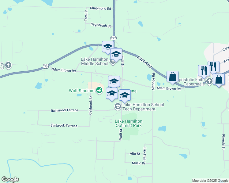 map of restaurants, bars, coffee shops, grocery stores, and more near 240 Wolf Street in Pearcy