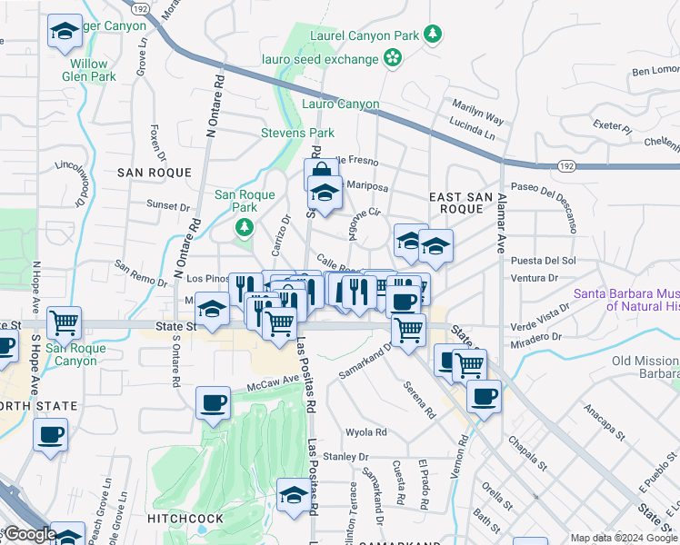 map of restaurants, bars, coffee shops, grocery stores, and more near 121 Calle Alamo in Santa Barbara