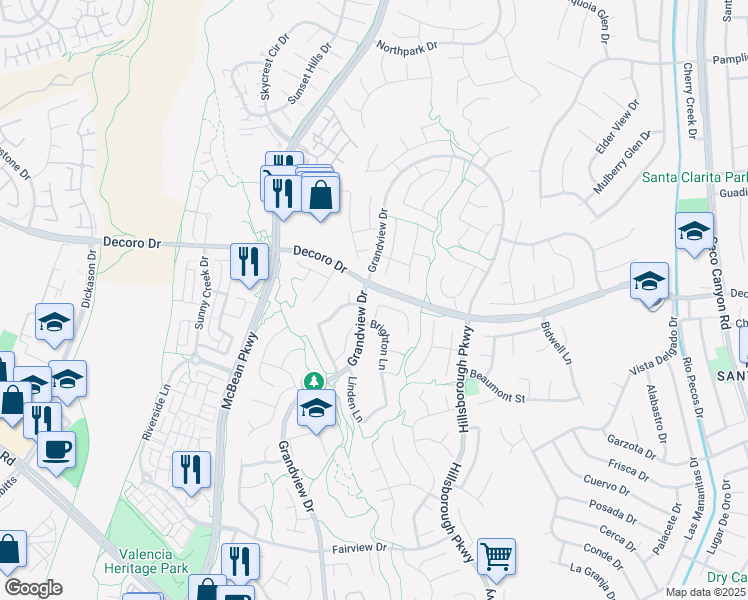 map of restaurants, bars, coffee shops, grocery stores, and more near 27415 Whitefield Place in Santa Clarita