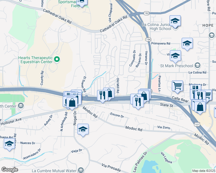 map of restaurants, bars, coffee shops, grocery stores, and more near 4280 Calle Real in Santa Barbara