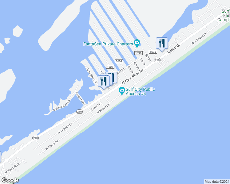 map of restaurants, bars, coffee shops, grocery stores, and more near 1716 North New River Drive in Surf City