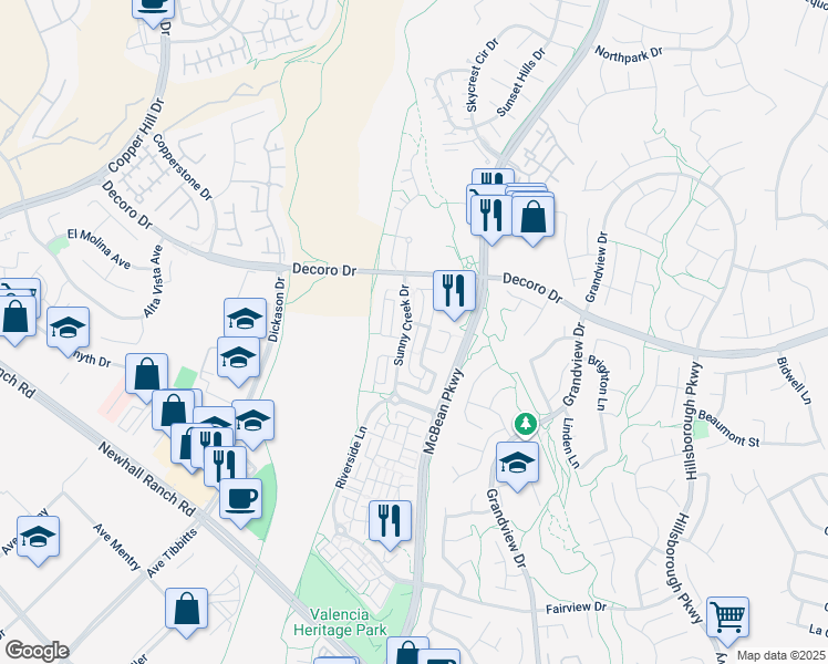 map of restaurants, bars, coffee shops, grocery stores, and more near 27626 Sunny Creek Drive in Santa Clarita