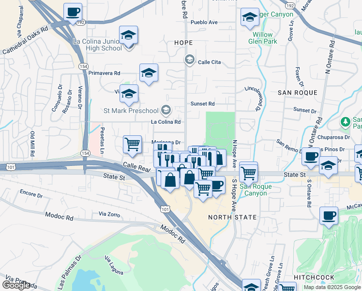map of restaurants, bars, coffee shops, grocery stores, and more near 234 North La Cumbre Road in Santa Barbara
