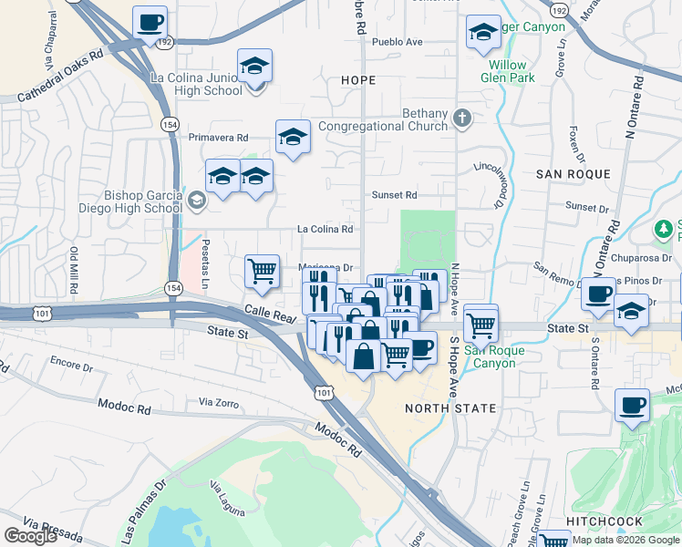 map of restaurants, bars, coffee shops, grocery stores, and more near 3934 Maricopa Drive in Santa Barbara