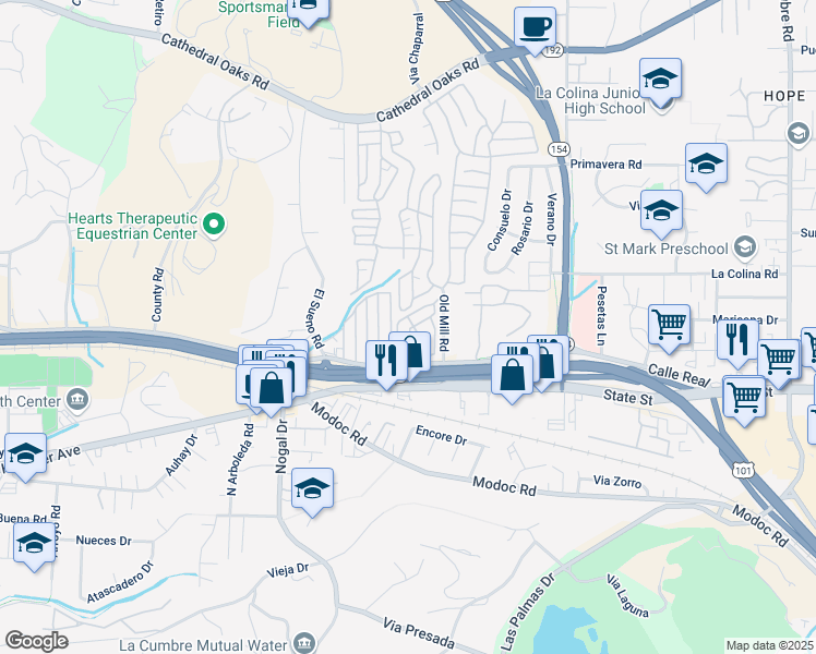 map of restaurants, bars, coffee shops, grocery stores, and more near 4280 Calle Real in Santa Barbara