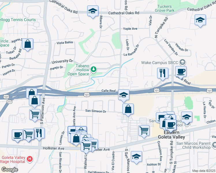 map of restaurants, bars, coffee shops, grocery stores, and more near 53 North San Marcos Road in Santa Barbara