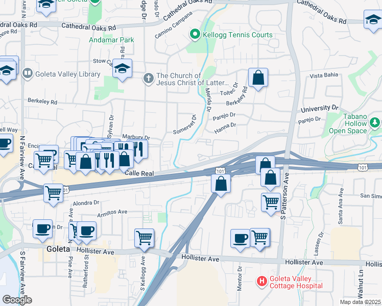 map of restaurants, bars, coffee shops, grocery stores, and more near 5575 Somerset Dr in Santa Barbara