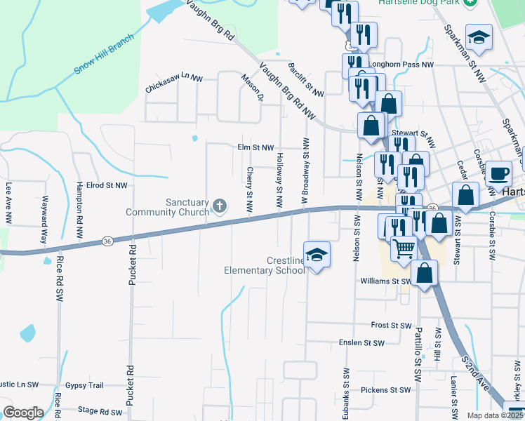 map of restaurants, bars, coffee shops, grocery stores, and more near 208 Cherry Street Northwest in Hartselle