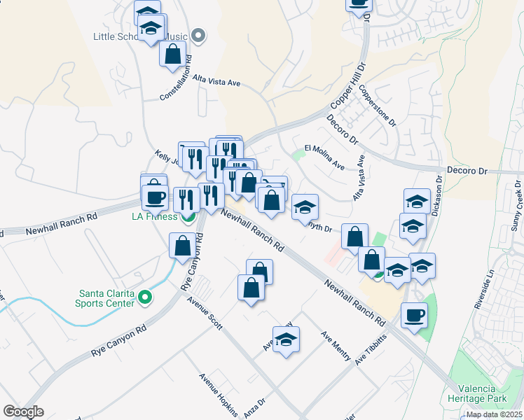 map of restaurants, bars, coffee shops, grocery stores, and more near 28043 Smyth Drive in Santa Clarita
