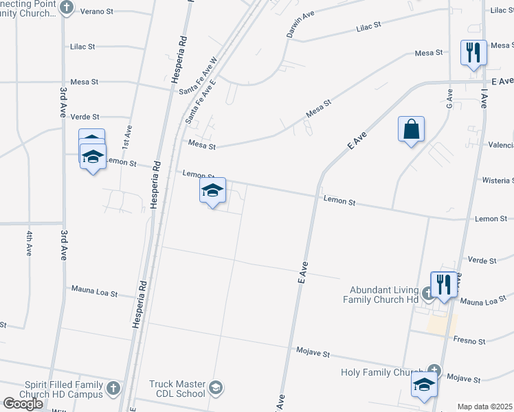 map of restaurants, bars, coffee shops, grocery stores, and more near Lemon Street in Hesperia