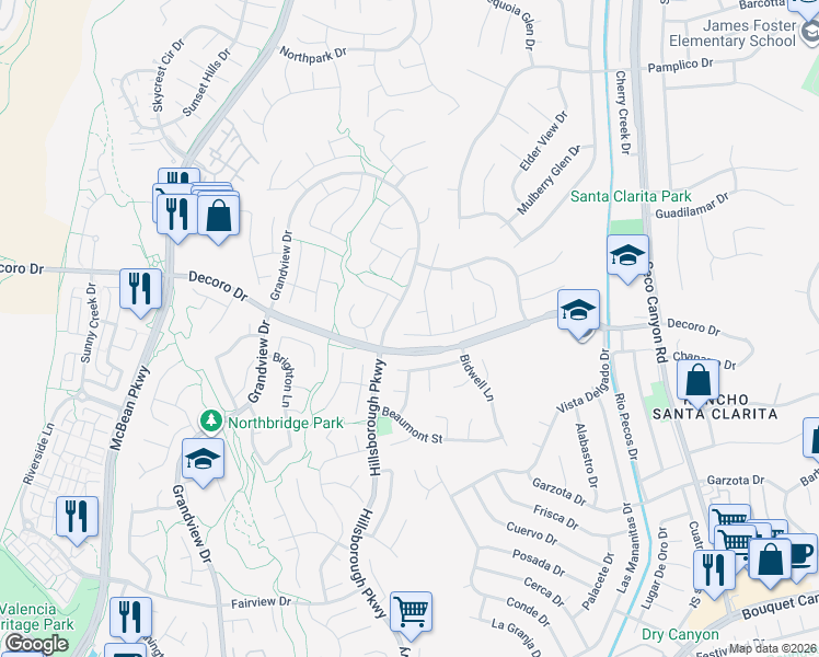 map of restaurants, bars, coffee shops, grocery stores, and more near 23317 Cuestport Drive in Santa Clarita