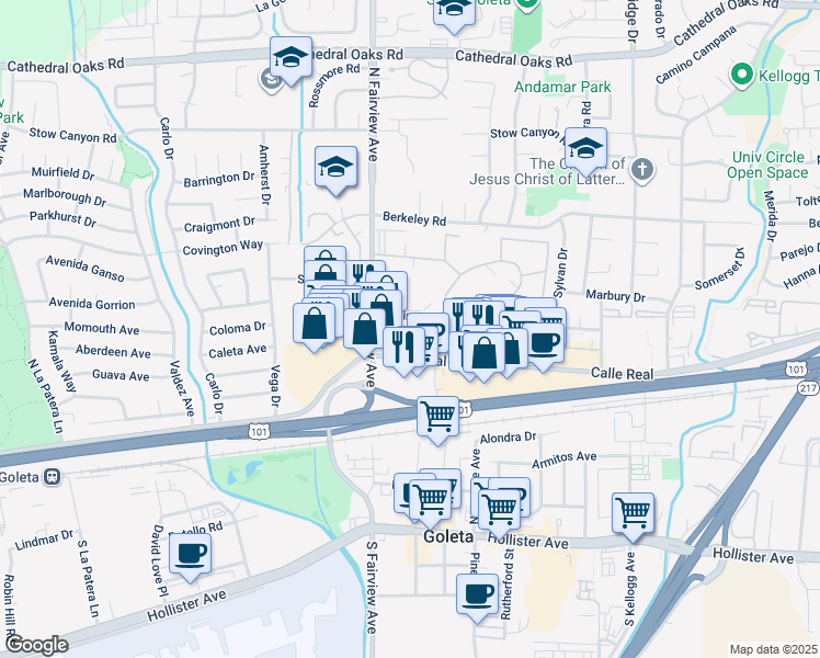 map of restaurants, bars, coffee shops, grocery stores, and more near 5951 Encina Road in Goleta