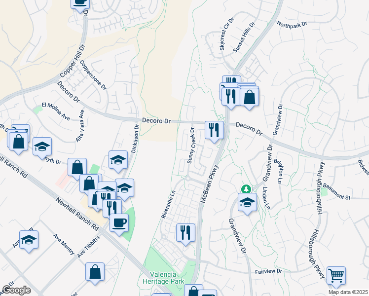 map of restaurants, bars, coffee shops, grocery stores, and more near 27608 Cobblestone Court in Santa Clarita