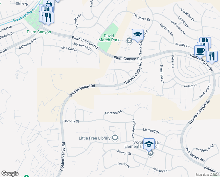 map of restaurants, bars, coffee shops, grocery stores, and more near 20027 Christopher Lane in Santa Clarita