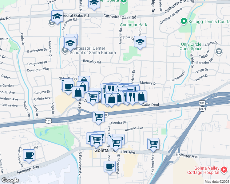 map of restaurants, bars, coffee shops, grocery stores, and more near 5785 Encina Road in Goleta
