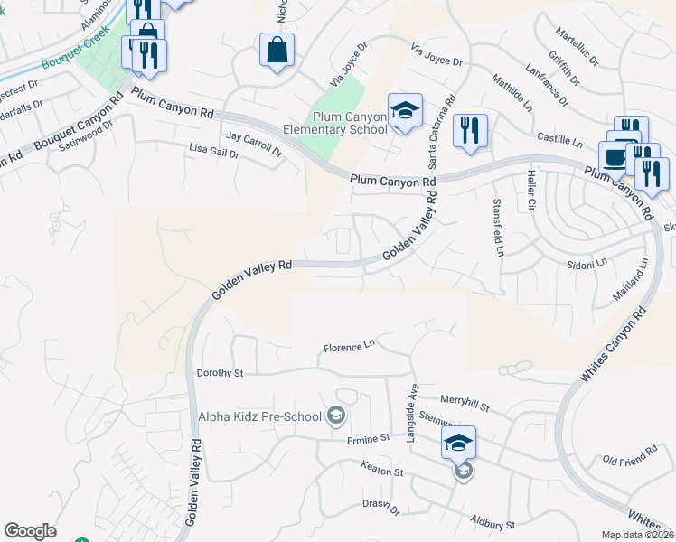 map of restaurants, bars, coffee shops, grocery stores, and more near 20027 Christopher Lane in Santa Clarita