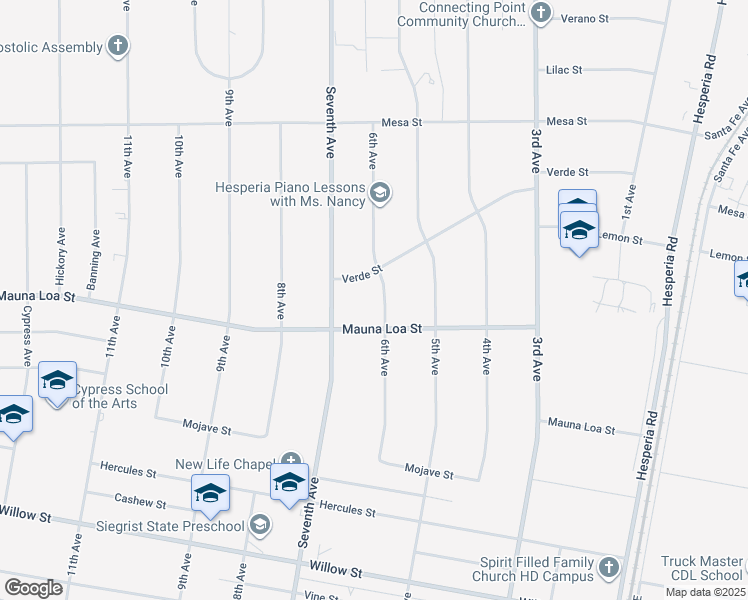 map of restaurants, bars, coffee shops, grocery stores, and more near 10560 6th Avenue in Hesperia