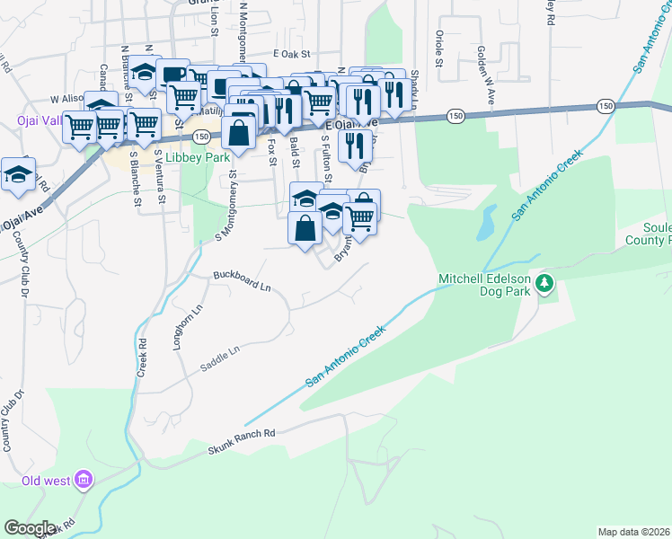 map of restaurants, bars, coffee shops, grocery stores, and more near 410 Bryant Circle in Ojai