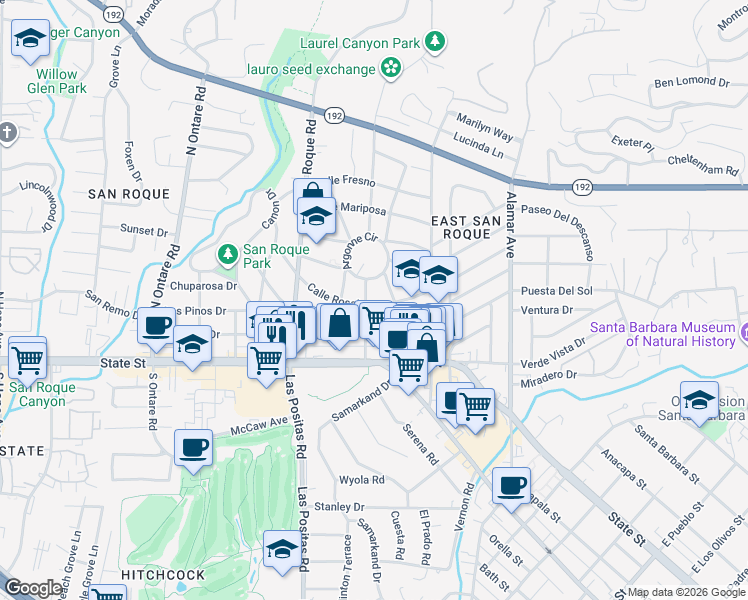 map of restaurants, bars, coffee shops, grocery stores, and more near 3092 Calle Rosales in Santa Barbara