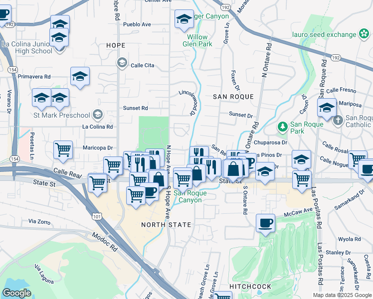 map of restaurants, bars, coffee shops, grocery stores, and more near 3746 San Remo Drive in Santa Barbara