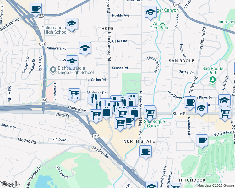 map of restaurants, bars, coffee shops, grocery stores, and more near 3880 Via Lucero in Santa Barbara