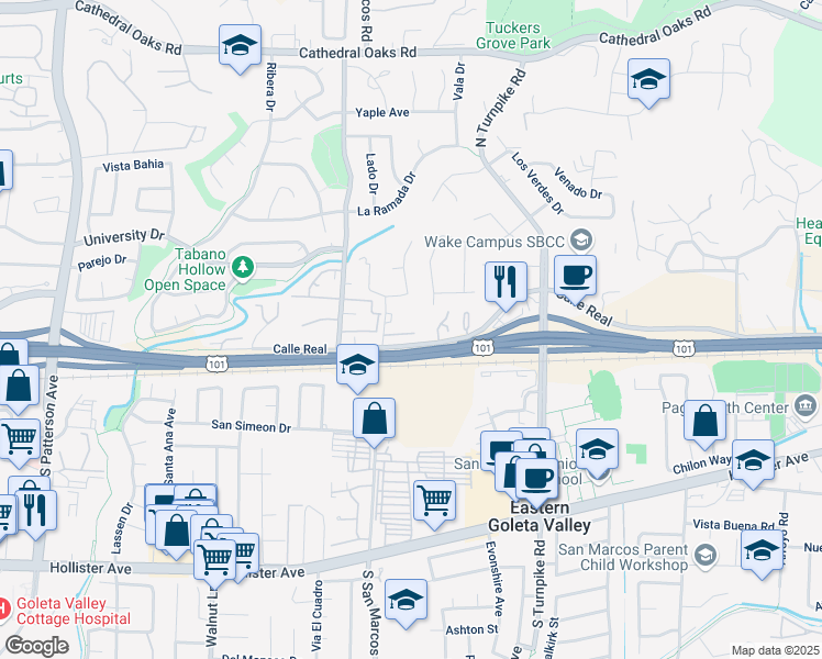map of restaurants, bars, coffee shops, grocery stores, and more near 150 Pebble Hill Drive in Santa Barbara