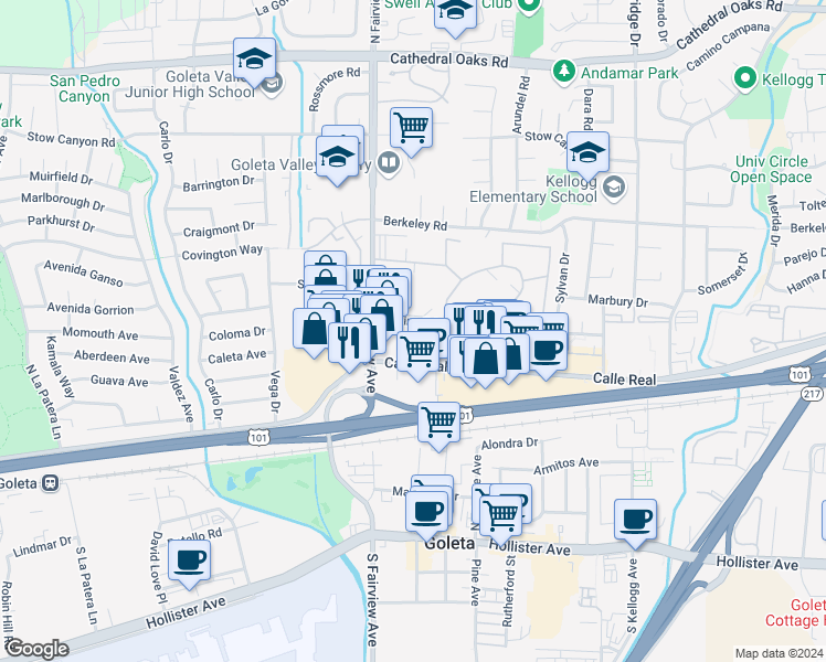 map of restaurants, bars, coffee shops, grocery stores, and more near 5951 Encina Road in Goleta