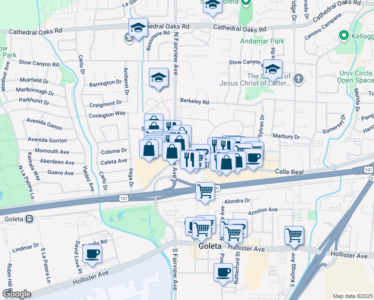 map of restaurants, bars, coffee shops, grocery stores, and more near 5951 Encina Road in Goleta