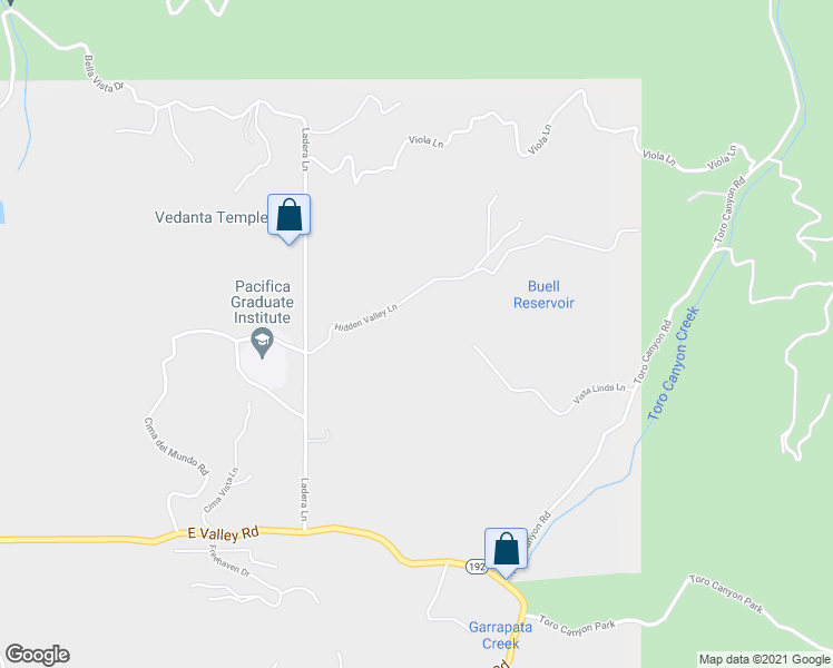 map of restaurants, bars, coffee shops, grocery stores, and more near 2891 Hidden Valley Lane in Santa Barbara