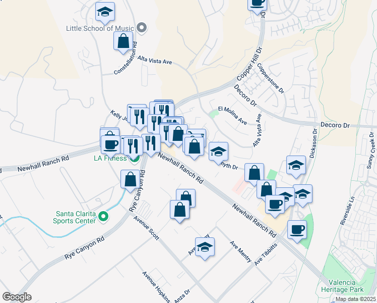 map of restaurants, bars, coffee shops, grocery stores, and more near 28043 Smyth Drive in Santa Clarita