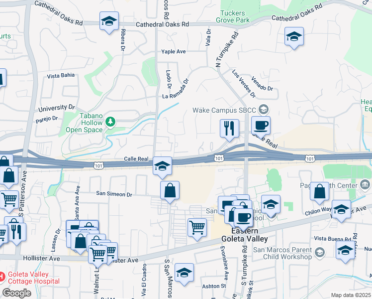 map of restaurants, bars, coffee shops, grocery stores, and more near 150 Pebble Hill Drive in Santa Barbara