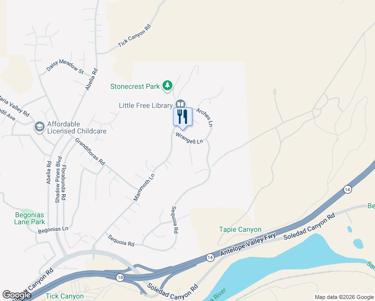 map of restaurants, bars, coffee shops, grocery stores, and more near 29547 Big Bend Place in Santa Clarita