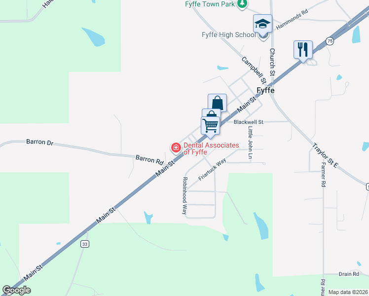 map of restaurants, bars, coffee shops, grocery stores, and more near 1462 Main Street in Fyffe