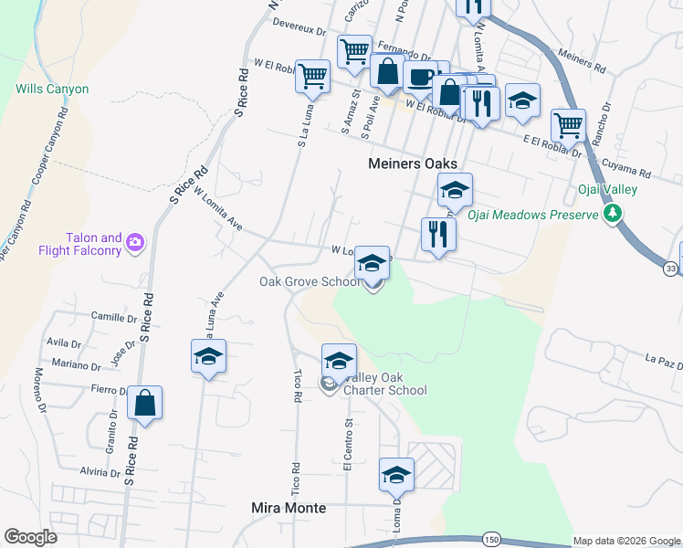 map of restaurants, bars, coffee shops, grocery stores, and more near 561 Tico Road in Ojai