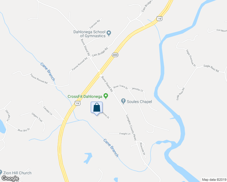 map of restaurants, bars, coffee shops, grocery stores, and more near 1 Creekside Drive in Dahlonega