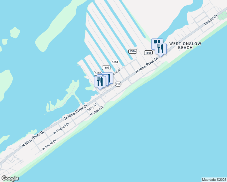 map of restaurants, bars, coffee shops, grocery stores, and more near 1808 North New River Drive in Surf City