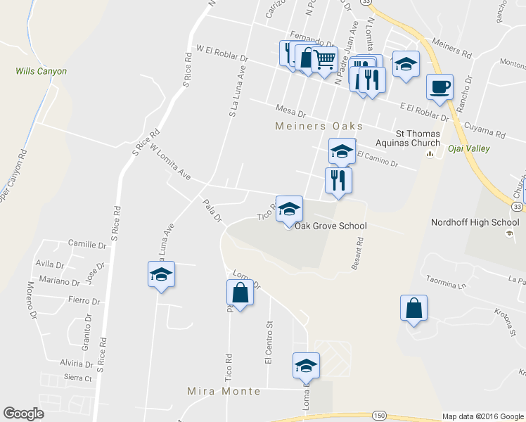 map of restaurants, bars, coffee shops, grocery stores, and more near 561 Tico Road in Ojai