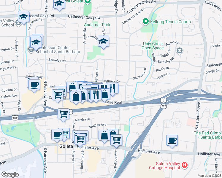map of restaurants, bars, coffee shops, grocery stores, and more near 154 Kingston Avenue in Goleta