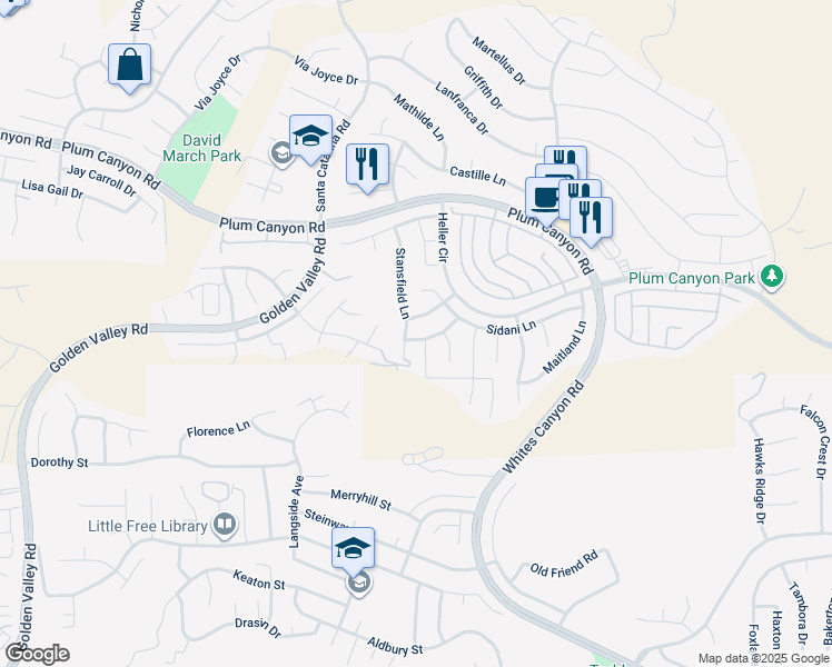 map of restaurants, bars, coffee shops, grocery stores, and more near 19659 Lanview Lane in Santa Clarita