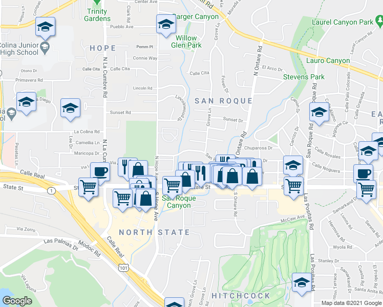 map of restaurants, bars, coffee shops, grocery stores, and more near 3718 San Remo Drive in Santa Barbara