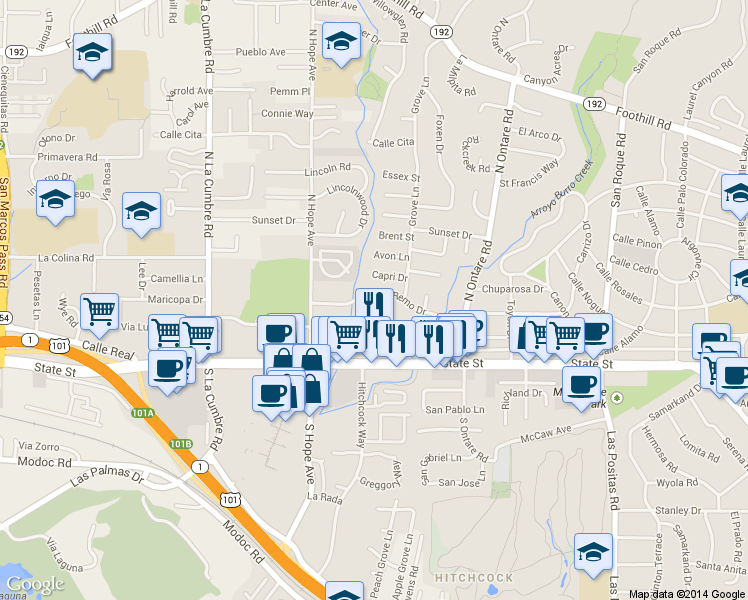 map of restaurants, bars, coffee shops, grocery stores, and more near 3718 San Remo Drive in Santa Barbara