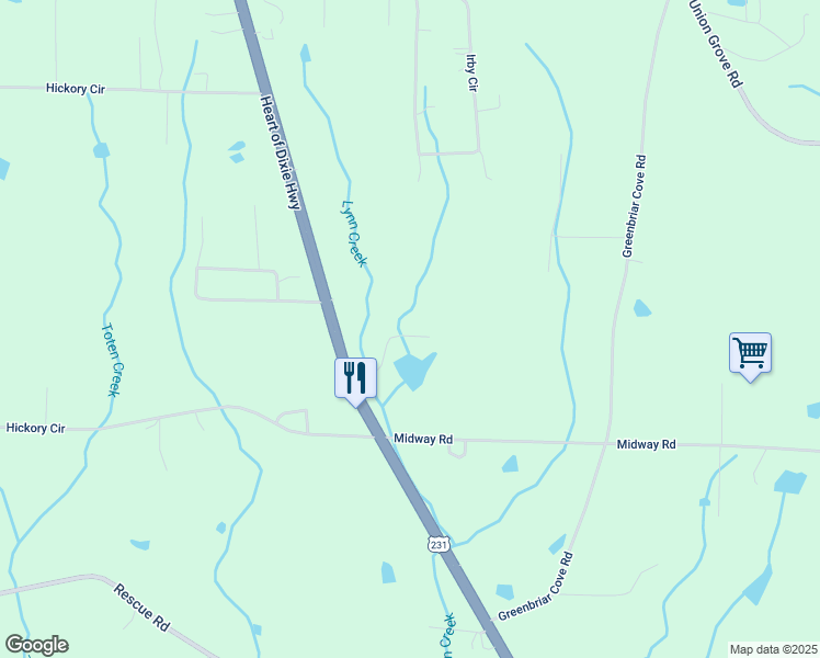 map of restaurants, bars, coffee shops, grocery stores, and more near 213 Justin Lane in Union Grove